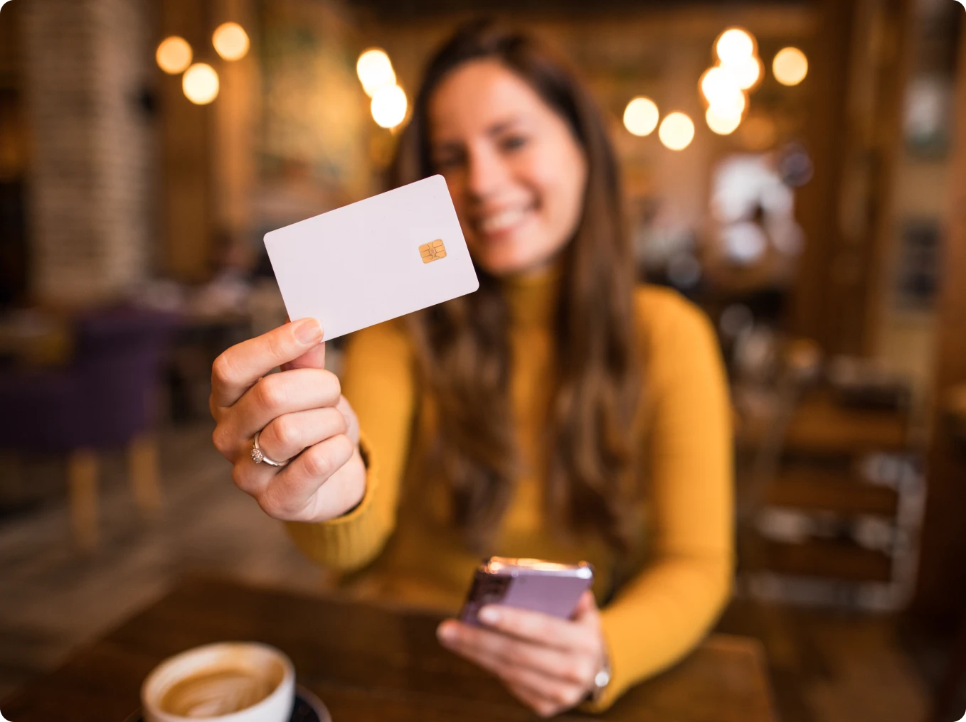 Coffee shop scene with credit card display